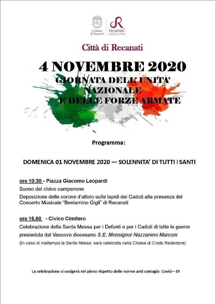 DOMENICA 1 NOVEMBRE – GIORNATA DELL'UNITA' NAZIONALE E DELLE FORZE ARMATE E SOLENNITA' DI TUTTI I SANTI